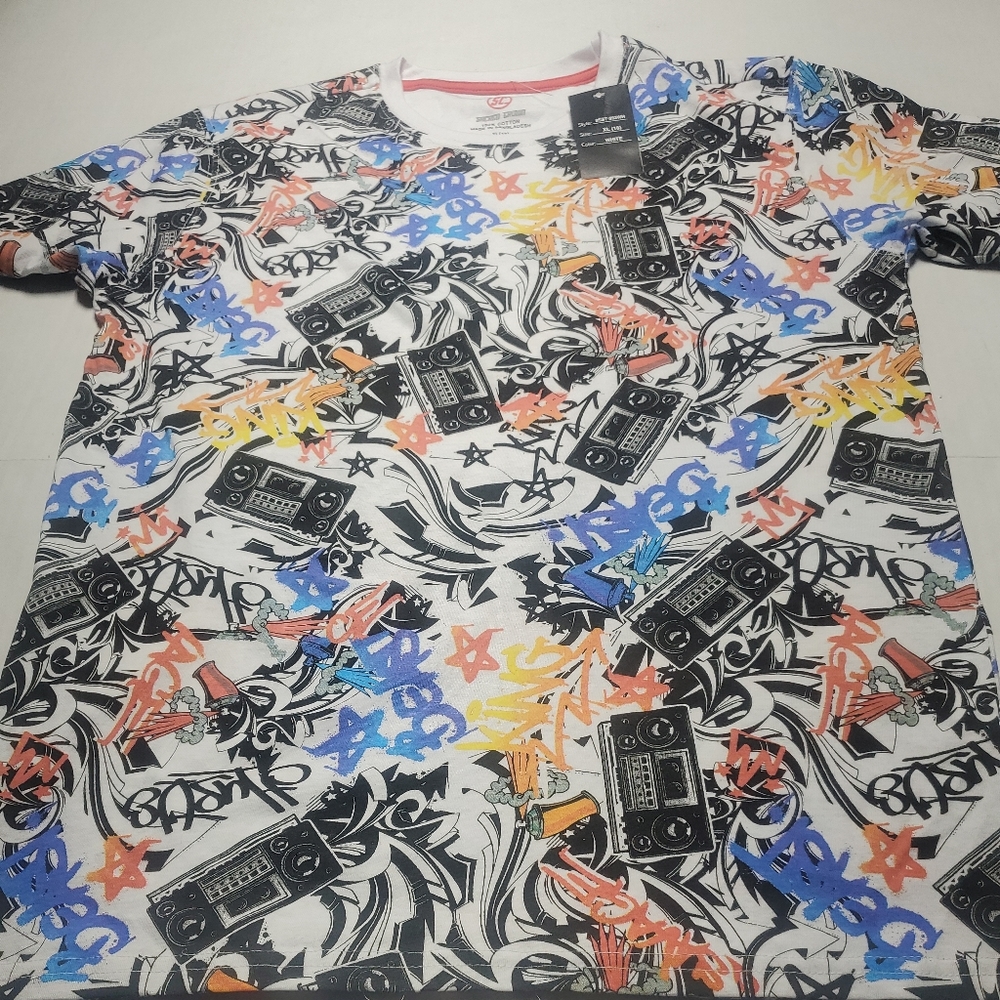 Sacred Crown boys XL radio graffiti print all over short sleeve t shirt